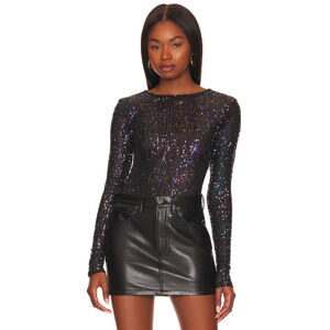 Free People Intimately GOLD RUSH Long Sleeve Sequined Top Black Combo S NWOT $78